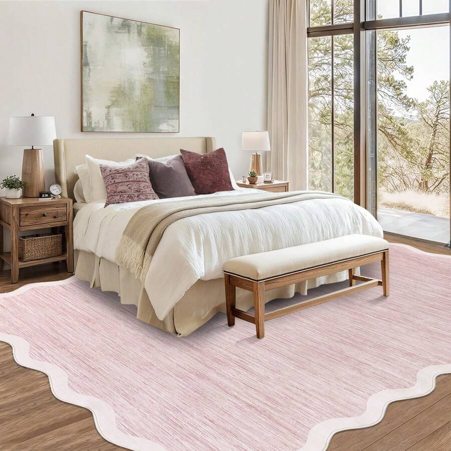 1Pcs Room Decor Modern Washable Scalloped Border Solid Pink Area Rug For Living Room Indoor Bedroom Foldable Floor Mats, Soft Low Pile Non Shedding Carpets For Offices Non-Slip Runner For Hallway Dorm - Baby Pink - View 1