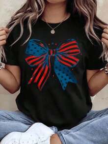 Women's Patriotic T-Shirt With American Flag Bow, 4th Of July Independence Day Celebration, Casual Summer Top, Red And Blue Star And Stripe Graphic Design For National Day Party, Women's T-Shirts - 黑色 - 查看 6