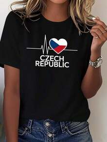 Women's T-Shirt With Czech Republic Flag And Heartbeat Design - Pure Casual Style Fan Clothing With National Emblem, Machine Washable, Comfortable Casual Outfit, Suitable For Czech Republic Supporters And As A Gift. - 黑色 - 查看 6