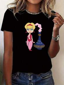 1 Piece Of Women's 100% Cotton T-Shirt, New, With "I Dream Of Jeannie" Design, 220g Heavy Cotton T-Shirt For Women, Ideal For Christmas (1 Piece) 180g 100% Cotton. - 黑色 - 查看 8