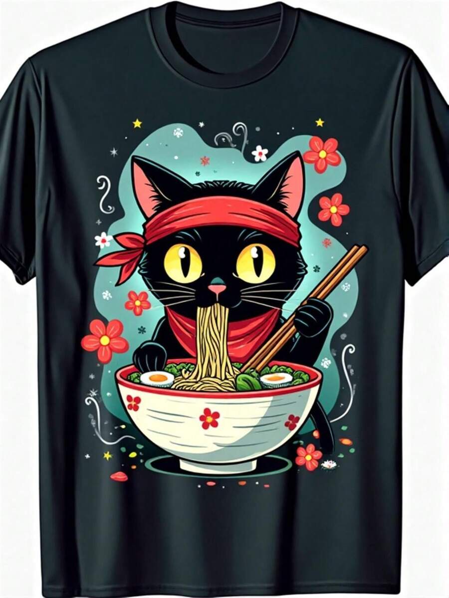 Camiseta Festiva y Divertida para Hombre con Estampado de Gato y Tazón de Ramen - Cuello redondo, mangas cortas, estilo anime japonés con diseño de gato y flores de cerezo, ideal como regalo para el Día de San Valentín/Navidad/Día del Padre, ropa casual para todas las estaciones - Cómoda y versátil. - Negro - Ver 1