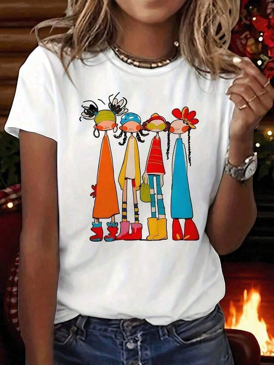 1 Piece Of Oversized T-Shirt With Abstract Graphic Print Of Friends, Short Sleeve, Round Neck, Casual Style For Summer And Spring, Women's Clothing, 180g, 100% Cotton. - 白色 - 查看 1
