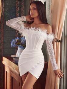 Elegante Vestido Corto de Blanco, Sin Tirantes, con Plumas Artificiales, Manga Larga, Cintura Alta y Abertura, para Graduación, Cumpleaños, Noche, Citas, de Bienvenida y Boda - Blanco - Ver 7