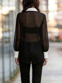 Camisa negra semitransparente de manga larga para mujer, blusa suelta sexy, nueva llegada 2026 - Negro - Ver 5