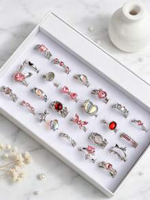 10Pcs/Lot Exquisite Fashion Pink Rhinestone Women's Rings, Elegant Butterfly Heart Jewelry Accessories For Romantic Dates Daily Wear Gift(No Box) - 10-piece Pink Rhinestone Cat's Eye Ring - View 5