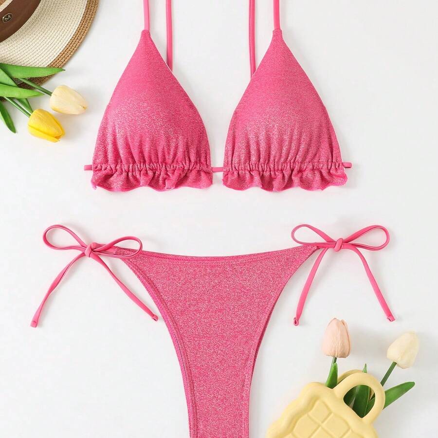 Classic Solid Color Bikini Swimsuit, Best Seller For Women, Sexy Swimwear For Beach Vacation. - Blue - View 1