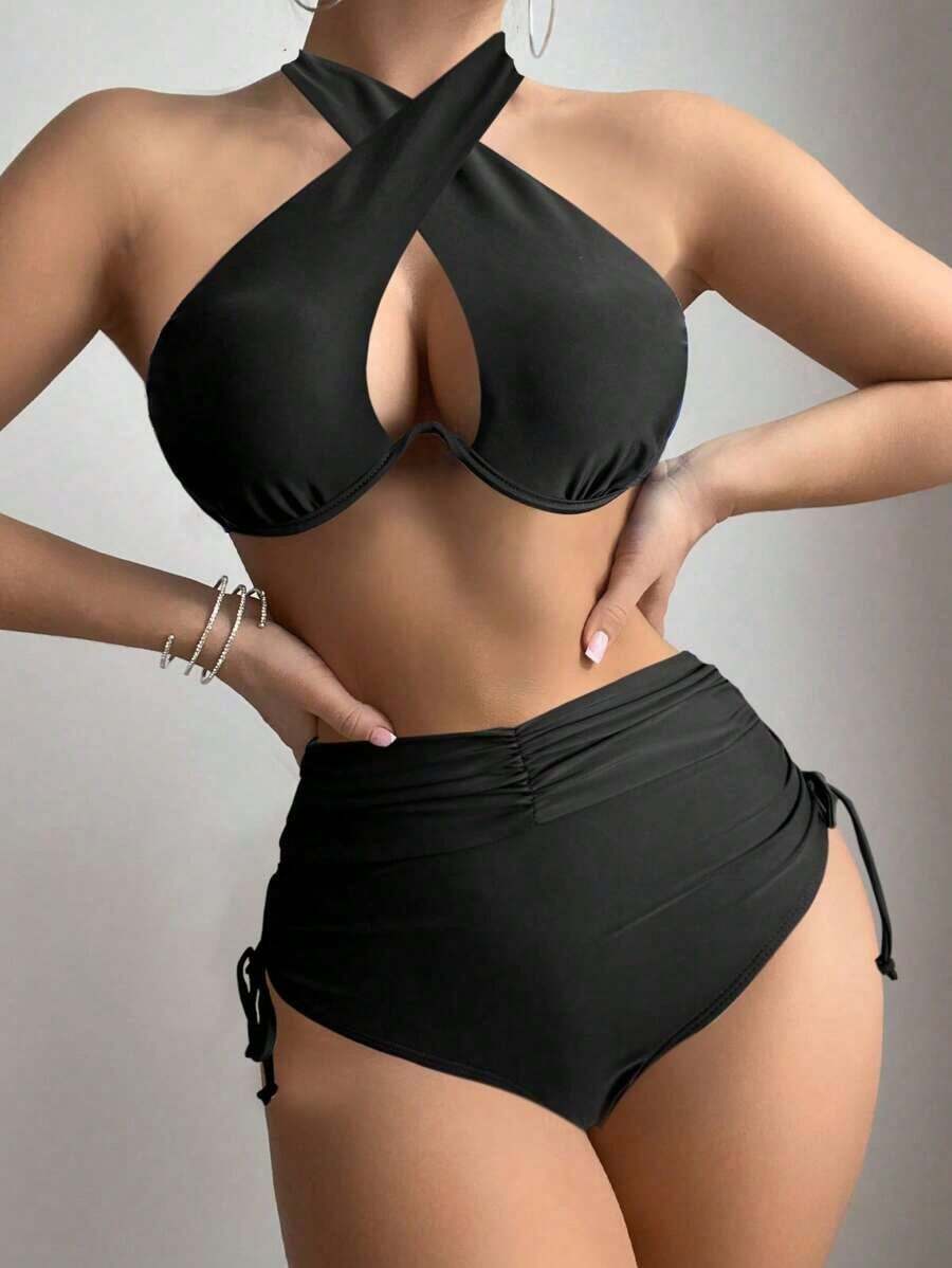 Conjunto de bikini 2025 para mujer con diseño de cruz calado, halter, sexy y con soporte de aros para el verano - Negro - Ver 1