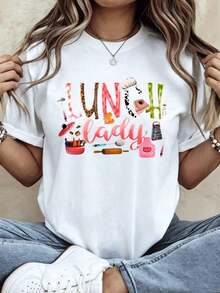 Lunch Lady Women's T-Shirt With Kitchen Utensil Print, Short Sleeve, Round Neck, Casual Style. - Putih - View 6