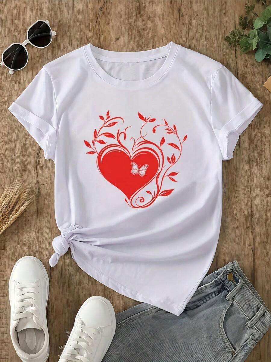 Limited Time Offer, Limited Quantity Available, Lightning Bolt, Women's Shirts, Women's T-Shirts. A Red Heart Surrounded By Delicate Vines Symbolizes Love, Growth, And Freedom, And Is Adorned With Subtle Butterfly Motifs. Women's T-Shirt. - 白色 - 查看 1