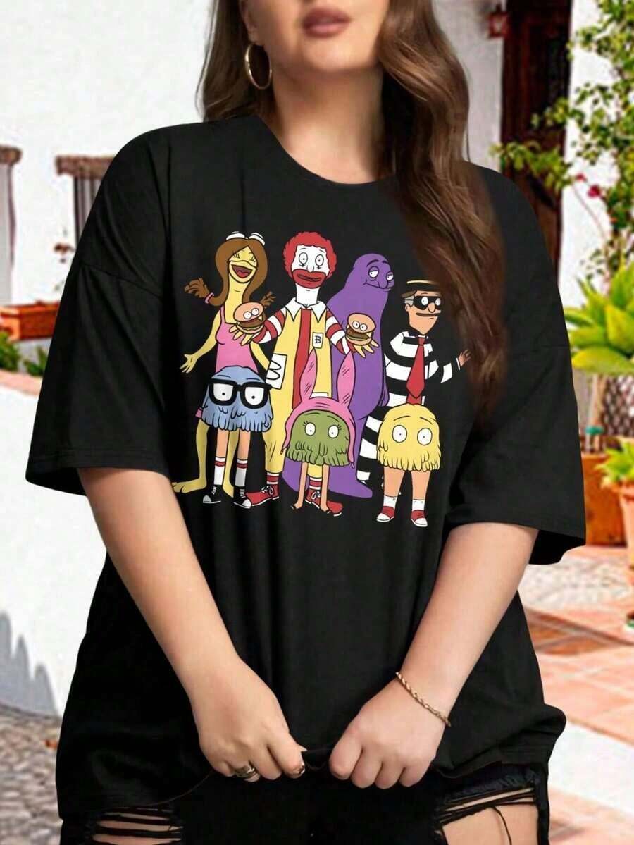 1 Piece McBelchers Women's Oversized Retro Burger Butt T-Shirt, Bob's Burgers, 180g, 100% Cotton - 黑色 - 查看 1