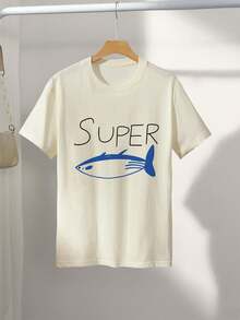 Spring And Summer Top, Minimalist Style, With Letter And Fish Print, Pure, Casual, Loose, Round Neck, Short Sleeve, Women's T-Shirt [Yang], Women's Winter Clothing. - 杏色 - 查看 3
