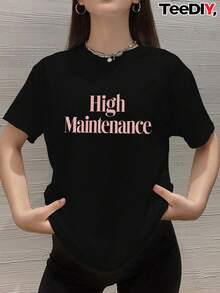Women's Plus Size Graphic T-Shirt "High Maintenance" - Pink Text And Casual Crew Neck, Short Sleeve, A T-Shirt Style To Wear All Year Round, Suitable For Casual And Lifestyle Outfits. - 黑色 - 查看 7