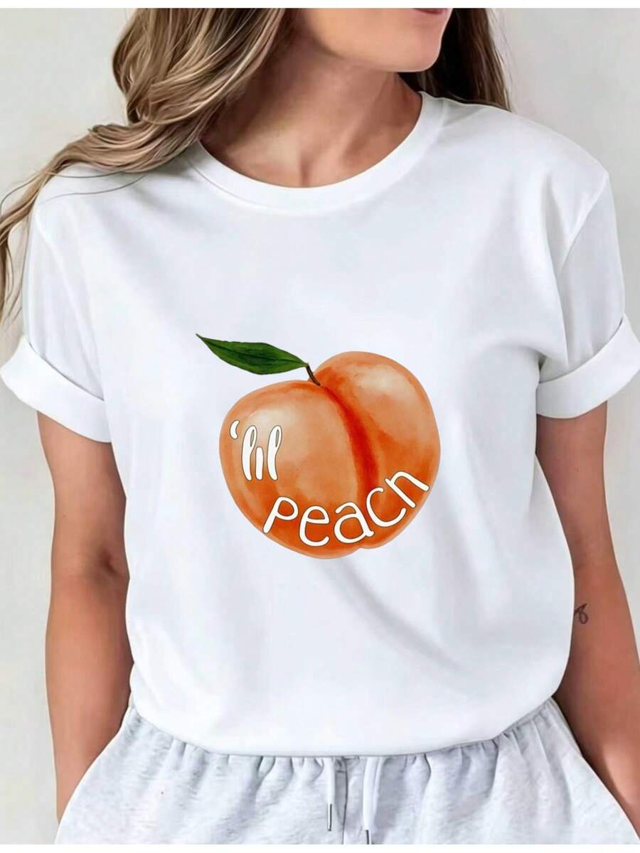 1 Piece Of Women's Casual Long-Sleeved Top, Regular Fit, With Peach And Lily Print, Bright And Cute, Modern Urban Style, Youthful Design, Comfortable, Fiti01, Women's Casual Wear. 5OF1 - 白色 - 查看 1