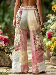 [Free Shipping]Selamara Women's Paper Bag Waist Straight Leg Loose Contrast Color Drawstring Pants, Fashionable Summer Long Trousers - 風格 - 查看 2