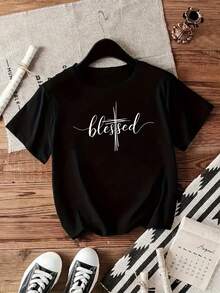 1 pieza de camiseta elegante para mujer con cuello redondo y manga corta, estilo casual para todas las estaciones, con un estampado gráfico creativo 'BLESTSED'. - Negro - Ver 1