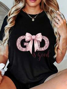 Women's Is Good Printed T-Shirt - Pink-Brown Camouflage Letter Print With Ribbon, Casual Crew Neck T-Shirt For Women, Ultra-Soft And Breathable Summer Top, Fashionable Gift For Best Friends, Girlfriends, And Family. Women's T-Shirts. - 黑色 - 查看 1