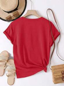 New Fashion Women's Crew Neck-Shirt Playera camiseta basica estampada grafica dama mujer manga corta cuello redondo estampado corazon corazones mariposa mariposas animal print leopardo guepa - Rojo - Ver 3