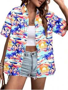 Plus Size Women's 3d Fashion Shirt, Floral Tropical Hawaiian Print, Vibrant Summer Vacation Look, Stylish Beach Button-Down Top, Women's Summer Fashion Dress, Women's Chic Blouse. Women's Blouses - 風格 - 查看 6