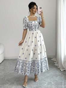 xheElenzga Vestido casual/de trabajo de manga corta con cuello cuadrado y cintura ceñida en línea A con estampado para mujerxhe - Multicolor - Ver 4