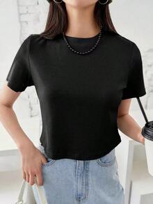 Camiseta de manga corta de unicolor para mujer para el verano, Cropped tops para mujeres - Negro - Ver 3