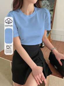 Camiseta de manga abullonada de color sólido, crop tops para mujeres - Celeste - Ver 1
