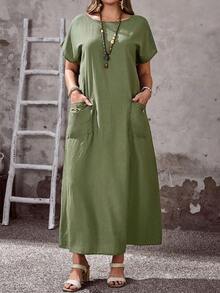 Vestido casual de manga corta con cuello redondo y bolsillo para mujer talla grande, primavera - Verde militar - Ver 2