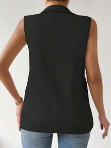 informal sin mangas con cuello francés y botones de unicolor para mujer de talla grande - Negro 2 - Ver 2