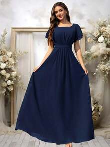 Vestido de dama de honor de gasa con volantes y mangas cortas con volantes, cuello de barco, estilo elegante para boda, color eucalipto - Azul marino - Ver 4