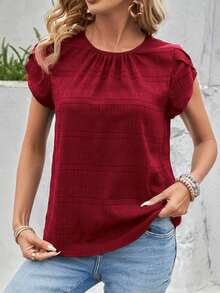 Blusa de manga corta con abertura en la espalda y manga estilo pétalo de unicolor, blusas de manga corta - Rojo - Ver 5
