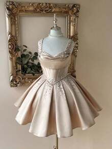 Vestido elegante, lujoso y noble de estilo palaciego con hombros abiertos, escote corazón sin tirantes, silueta de sirena, decoración de perlas falsas y bajo acampanado, adecuado para despedida de soltera, boda, graduación, vacaciones y fiesta de - Albaricoque - Ver 5