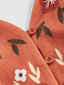 Vestido de vacaciones con estampado floral, con tirantes de botones atados para mujer - Óxido marrón - Ver 3