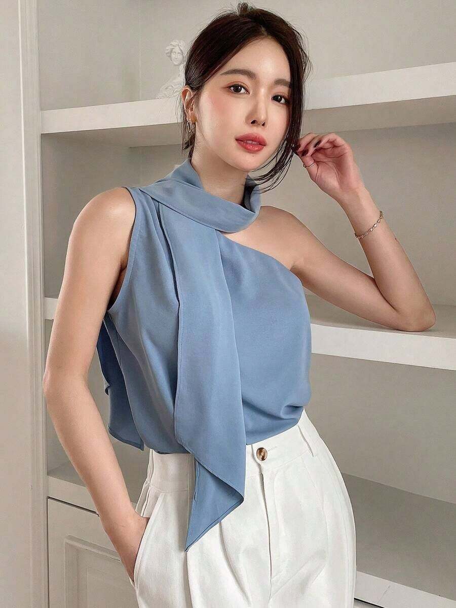 Blusa sin mangas de unicolor de moda casual para mujer, blusas sin mangas para salir - Azul - Ver 1
