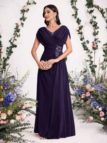 Vestido con flores 3D bordadas para novia, madre de la novia, moda de primavera y verano para fiesta, cita, vacaciones, boda, celebridad, con cintura elegante y falda amplia, para el Día de San Valentín - Morado - Ver 4