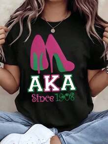 Camiseta de Mujer Aka Sorority con Estampado de Tacones Altos y Letras, Cuello Redondo, 220g Algodón, para Fiestas Universitarias, Regalos, Diseño Aka Desde 1908, Transpirable y Cómoda - Negro - Ver 6