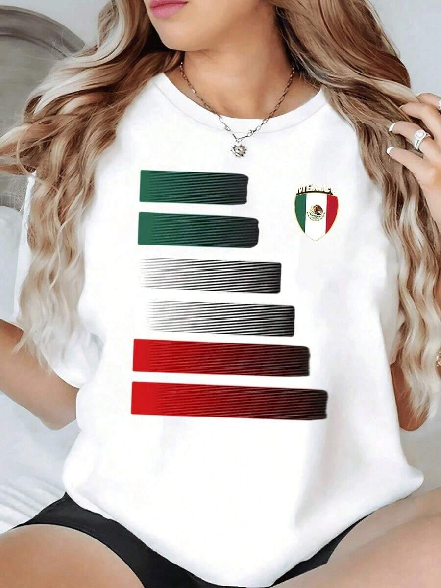 Mexican National Symbols With An Eagle And Stripes In Shades Of Green, White, And Red Represent Strength, Unity, And National Pride In A Modern And Elegant Casual Women's T-Shirt, Comfortable For Everyday Wear. - 白色的 - 查看 1