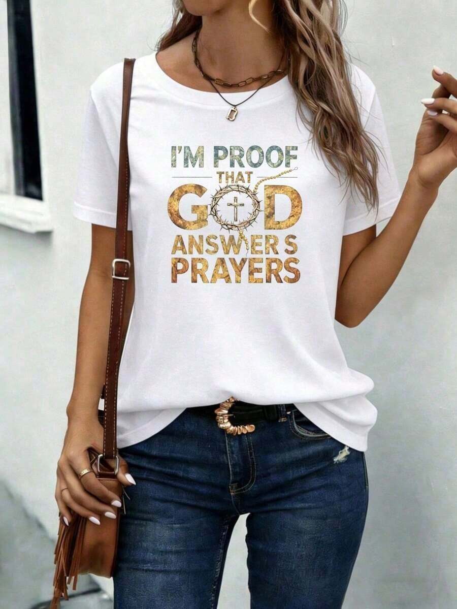 I Am Proof Of God's Answer To Prayer, Short Sleeve T-Shirt With Cross Print - An Inspirational Christian Faith T-Shirt For Women, A Casual Sweater With A Religious Cross Design, Made Of Soft, Breathable, Medium-Stretch Fabric, Machine Washable, Perfect For Everyday Wear, Church, Bible Study, Or Casual Wear In Spring, Summer, And Autumn. - 白色 - 查看 1