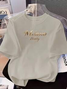 Women's Casual T-Shirt With Round Neck And Short Sleeves, 100% Pure, Perfect Choice For Spring And Summer, Everyday T-Shirt With Metallic "Milano Italy" Print | Lightweight Fabric, Loose-Fitting Casual Top For Everyday Wear, Breathable And Comfortable, Essential For All - 淺灰色 - 查看 6