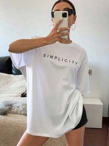 1 pieza Camiseta de manga corta con cuello redondo y estampado de letras, corte holgado, SIMPLICITY, Verano, 180g, 100% Algodón - Blanco - Ver 8