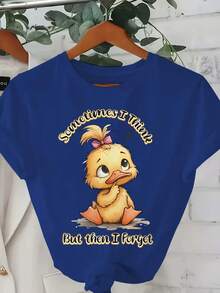 Women's Plus Size Casual Fashion T-Shirt 0-8XL - Modern Base Layer For Everyday Wear, All Seasons Comfortable Fit, Fun T-Shirt With Cute Duckling Design And Slogan "Sometimes I Overthink But Then I Forget" - Soft And Stretchy Fabric, Machine Washable, T-Shirt - 皇家藍 - 查看 1