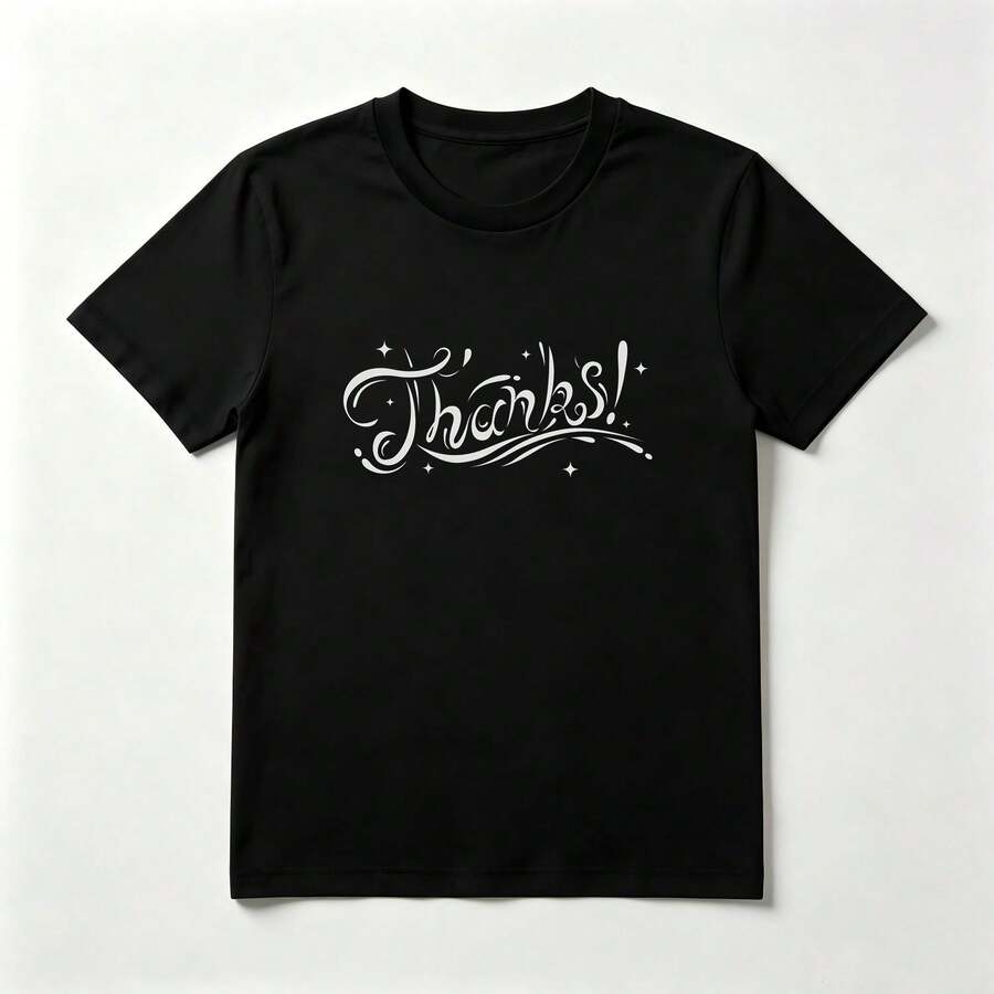 Calligraphic Lettering Artistic Black Cotton T-Shirt With Stars - Black - View 1