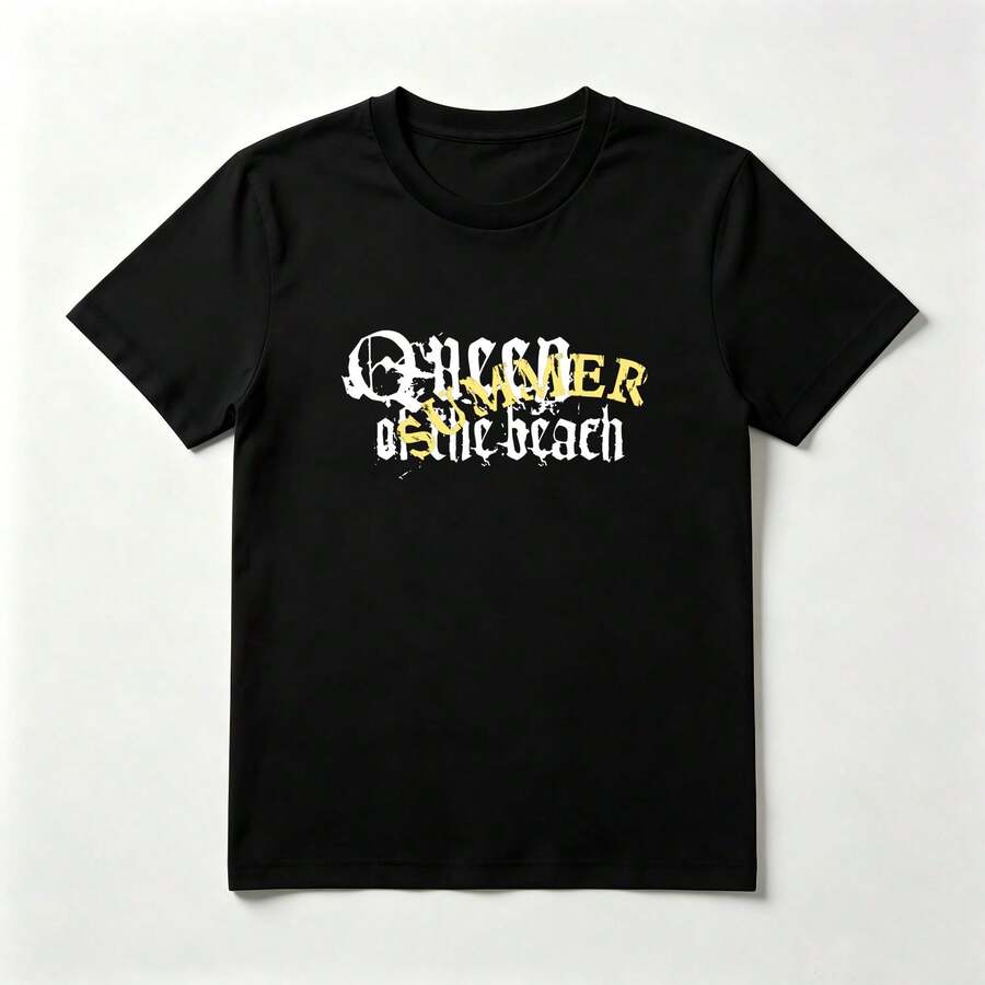 Letras Góticas Bicolor Playera de Algodón Negro Estilo Playero Desgastado - Negro - Ver 1