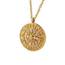 European And American Vintage Style Round Pendant Necklace With  Inlay And Embossed Zodiac Dial, Titanium Steel Plated With 18K Gold - P443 - Steel Necklace - 40+5cm - View 7
