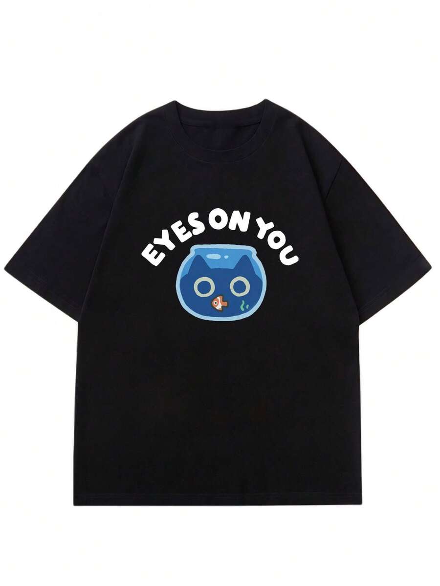 Men's Short-Sleeved T-Shirt With Cat Print, Modern Urban Style Design, American Fashion Brand, Loose Crew Neck, Half Sleeve, Casual Wear - 黑色 - 查看 1