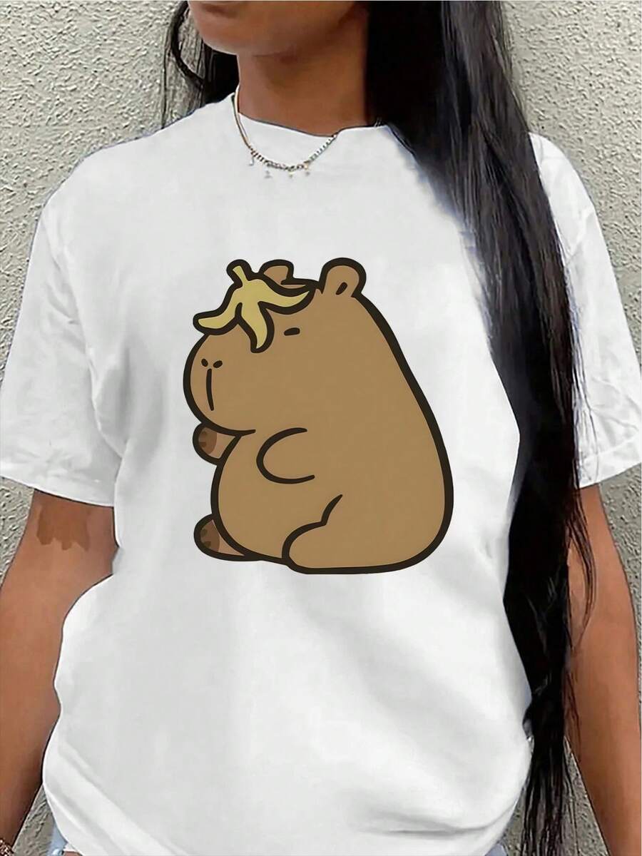 Polyester Short-Sleeved T-Shirt, Printed With A Cute Design Of A Hippopotamus Eating A Banana, Lightweight And Durable, Suitable For Home, Office, Or Casual Wear In Restaurants, Comfortable And Fitted For Everyday Wear. Women's Blouses > Clothing - 白色 - 查看 1