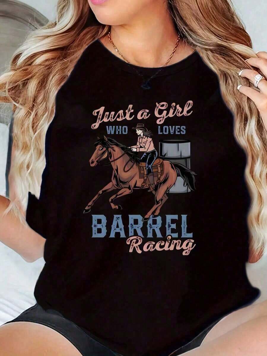 100% Cotton Women's Crew Neck T-Shirt With Equestrian Print "Just A Girl Who Loves Barrel Racing" For Casual Wear. Soft, Simple Solid Color T-Shirt, Loose And Slim Fit, Casual Short Sleeve - 黑色 - 查看 1