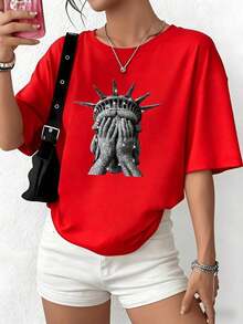 100% Cotton. Statue Of Liberty Figure With Face Covered By Her Hands Symbolizing Reflection On Social Challenges. Women's 100% Soft And Comfortable Cotton T-Shirt. Women's Simple Solid Color T-Shirt, Loose And Slim Fit Casual Short Sleeve - 紅色的 - 查看 9