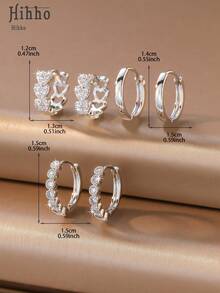Hihho Set de 6 piezas de aretes de lujo, con diseños de corazón, cadena de diamante de imitación, patchwork geométrico, silueta minimalista con detalles brillantes, versátil para ir al trabajo, ocasiones sociales ligeras y el trayecto - Plateado - Ver 9