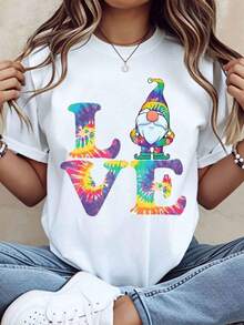 Gnome Tie Dye Love Print T-Shirt, Summer Casual Wear, 220g Women's T-Shirts - 白色 - 查看 12