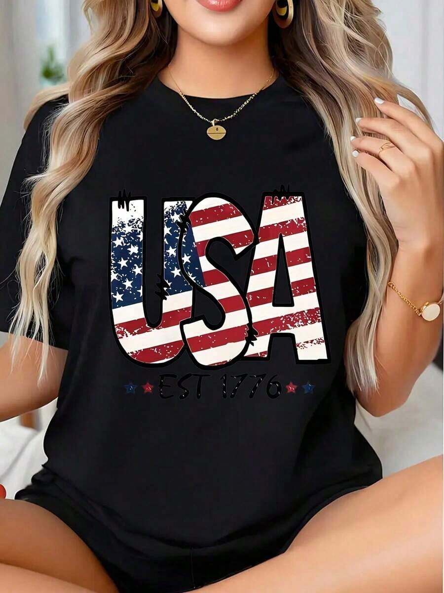 Patriotic US Independence Day T-Shirt With American Flag Design Est. 1776, Celebrate National Pride For 4th Of July Events And American Holidays - Vintage Urban Style, Unisex, 100% Pure Cotton, Short Sleeve, Crew Neck - 黑色 - 查看 1