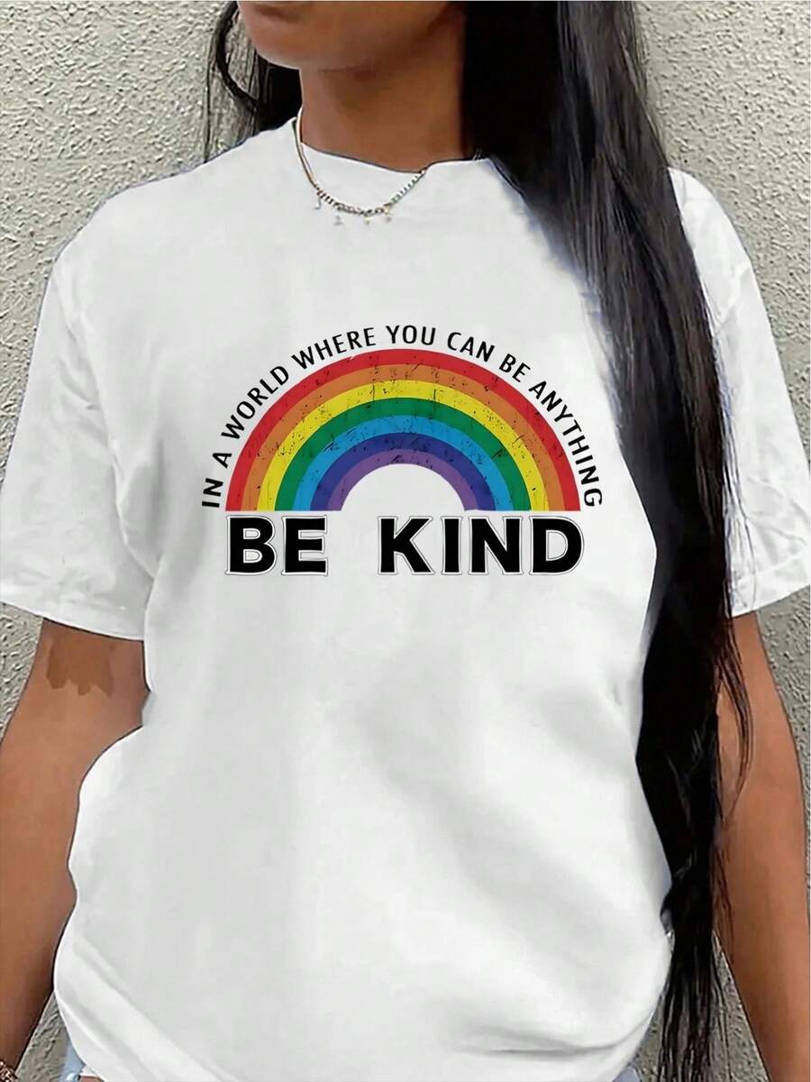 This Lightweight And Durable Short-Sleeved T-Shirt Features A Rainbow Design That Says "Be Kind," Making It Perfect For Wearing At Home, In The Office, Or Outdoors, Offering A Comfortable Everyday Wear Experience. Women's Blouses > Clothing - 白色 - 查看 1